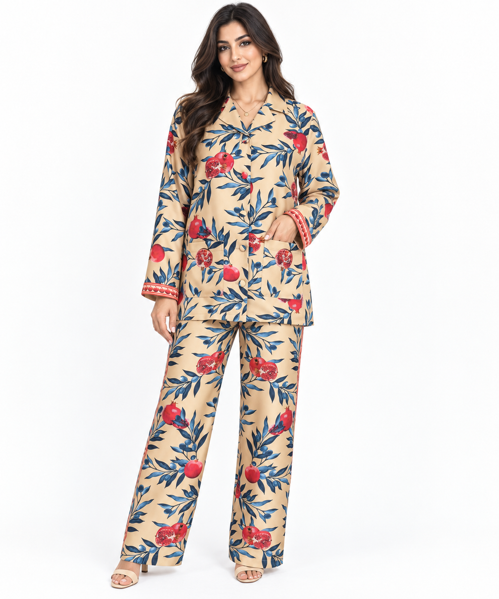 Women's Statement Printed Pyjama-Style Set – Cream & Blue