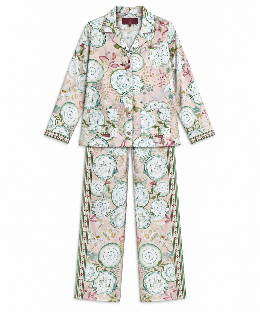 Women's Statement Floral Print Pyjama-Style Set – Light Pink & Green