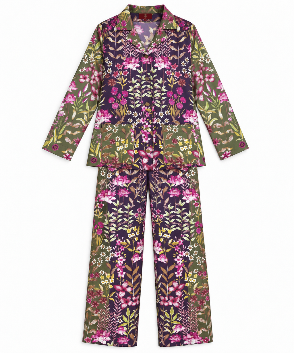 Women's Statement Floral Print Pyjama-Style Set – Navy & Olive Green