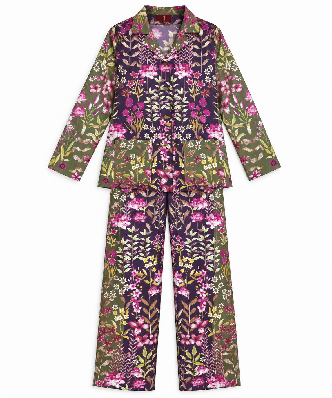 Women's Statement Floral Print Pyjama-Style Set – Navy & Olive Green