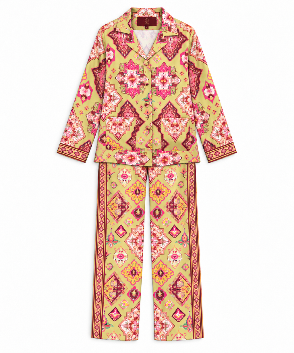 Women's Statement Geometric Print Pyjama-Style Set – Green & Multicolour