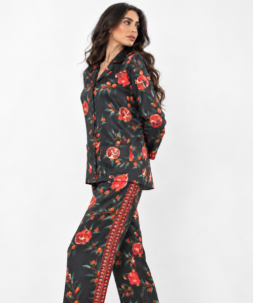 Women's 100% Silk Twill Custom-Printed Co-Ord Set – Black & Red