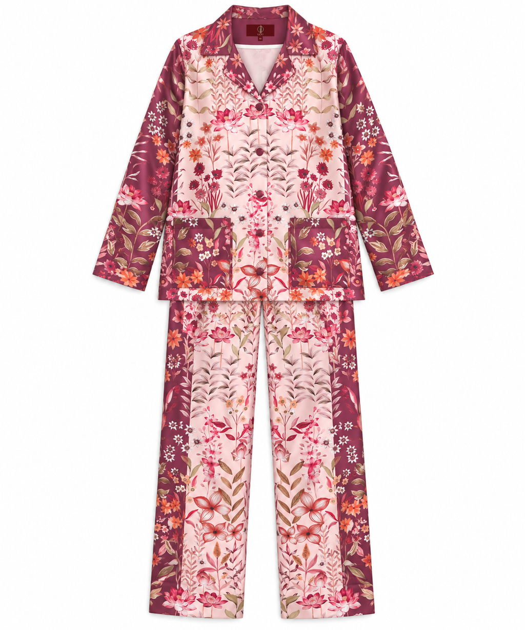 Women's Statement Floral Print Pyjama-Style Set – Maroon & Multicolor
