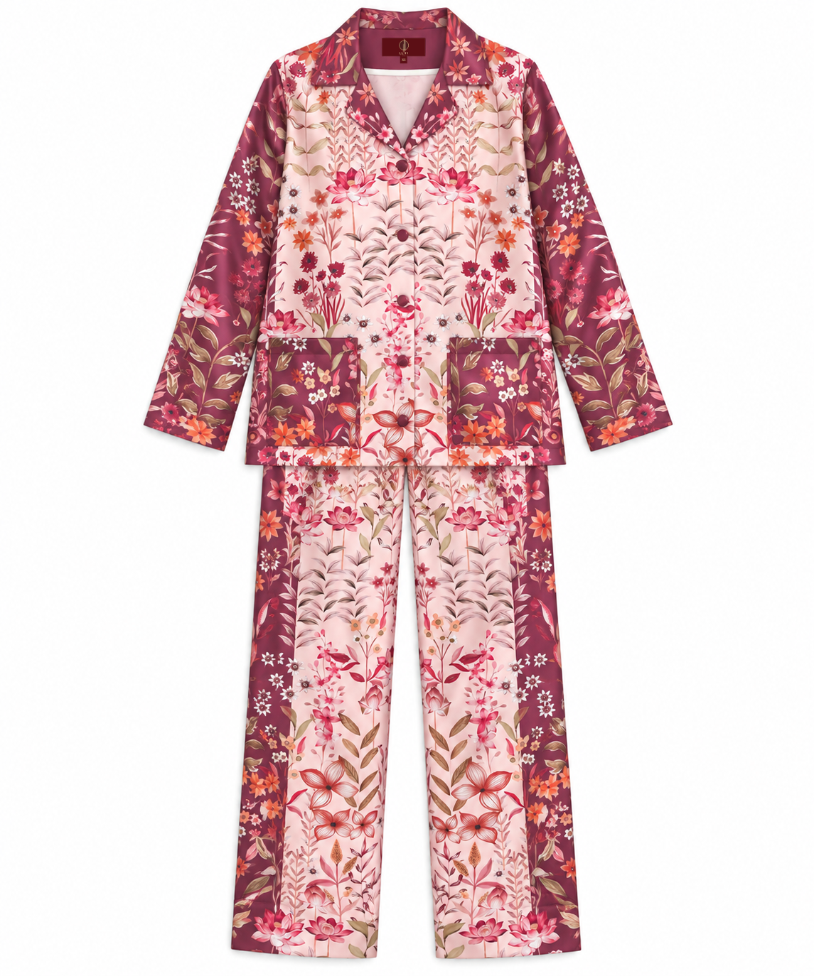 Women's Statement Floral Print Pyjama-Style Set – Maroon & Multicolor