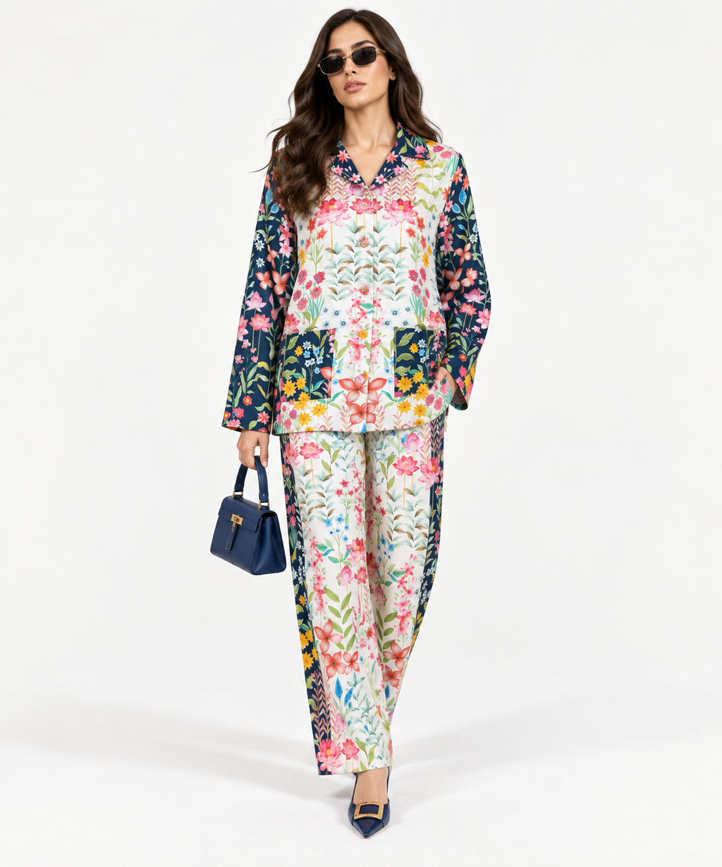 Women's Statement Floral Print Pyjama-Style Set – Navy & Multicolor