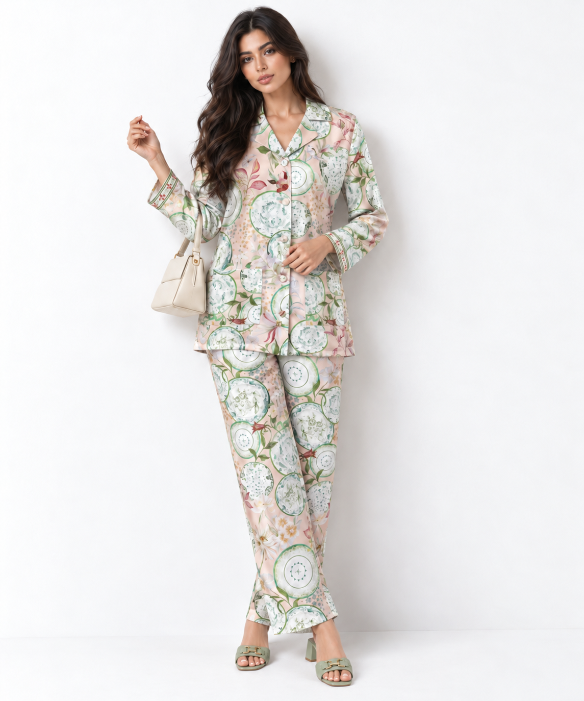 Women's Statement Floral Print Pyjama-Style Set – Light Pink & Green