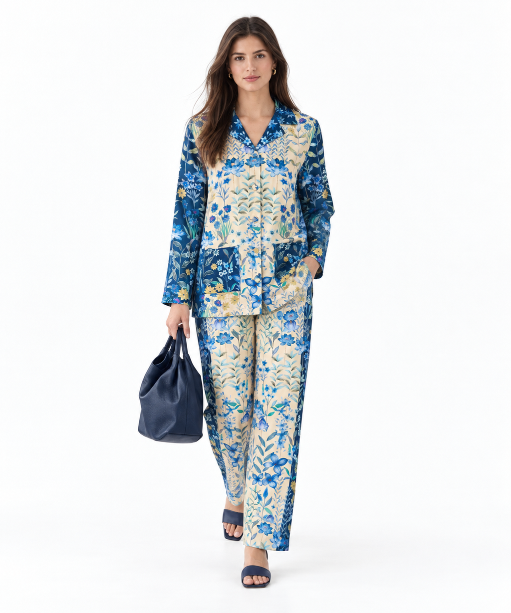 Women's Statement Floral Print Pyjama-Style Set – Blue & Multicolor