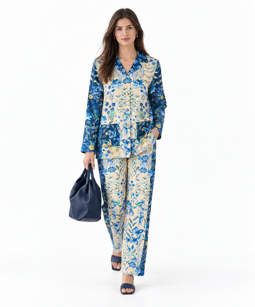 Women's Statement Floral Print Pyjama-Style Set – Blue & Multicolor