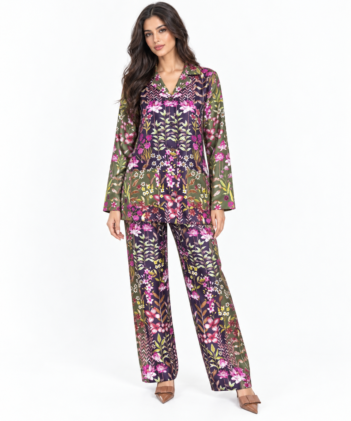 Women's Statement Floral Print Pyjama-Style Set – Navy & Olive Green