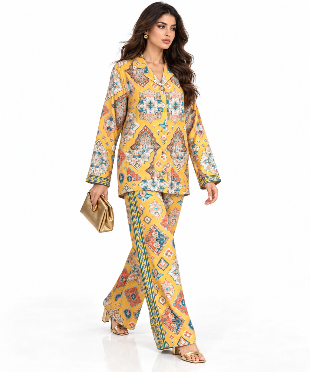 Women's Statement Geometric Print Pyjama-Style Set – Yellow & Multicolor