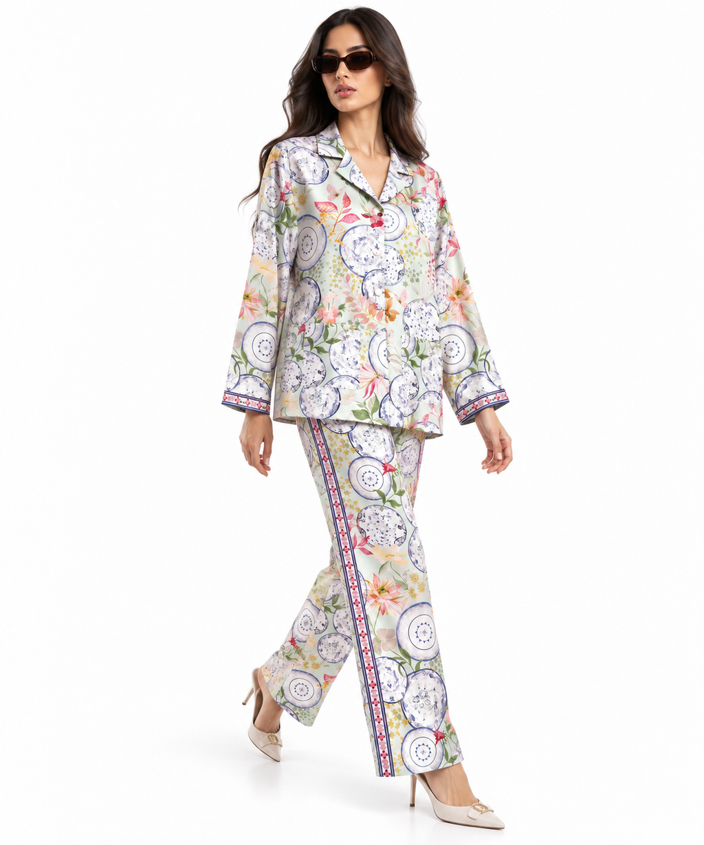 Women's Statement Printed Pyjama-Style Set – Light Green & Voilet