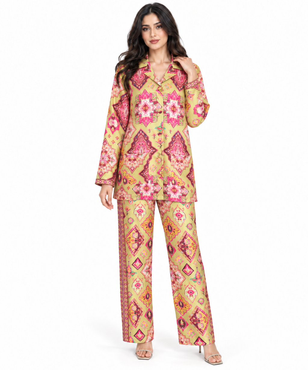 Women's Statement Geometric Print Pyjama-Style Set – Green & Multicolour