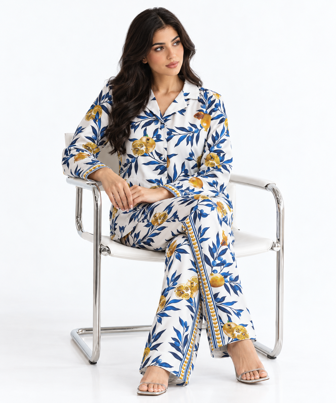 Women's Statement Printed Pyjama-Style Set – White & Blue