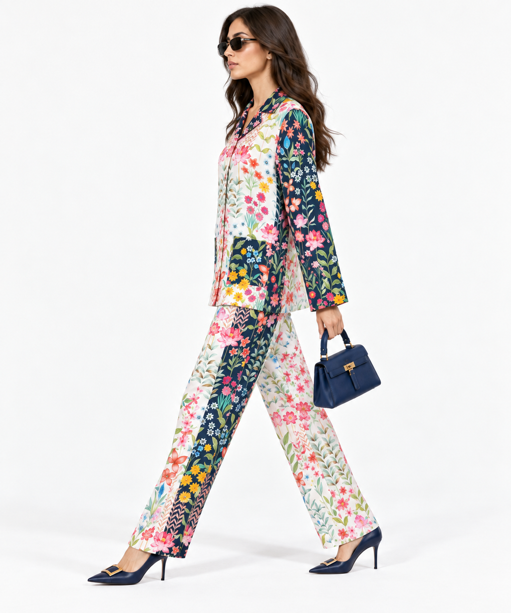 Women's Statement Floral Print Pyjama-Style Set – Navy & Multicolor