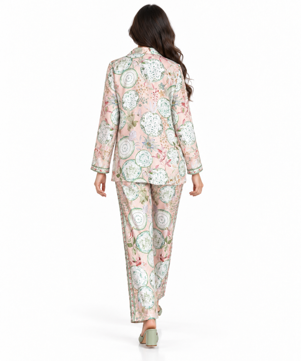 Women's Statement Floral Print Pyjama-Style Set – Light Pink & Green