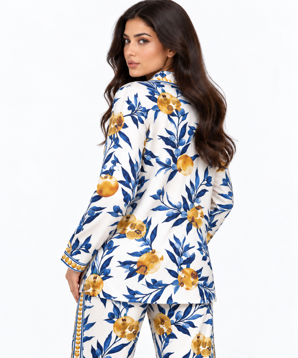 Women's Statement Printed Pyjama-Style Set – White & Blue