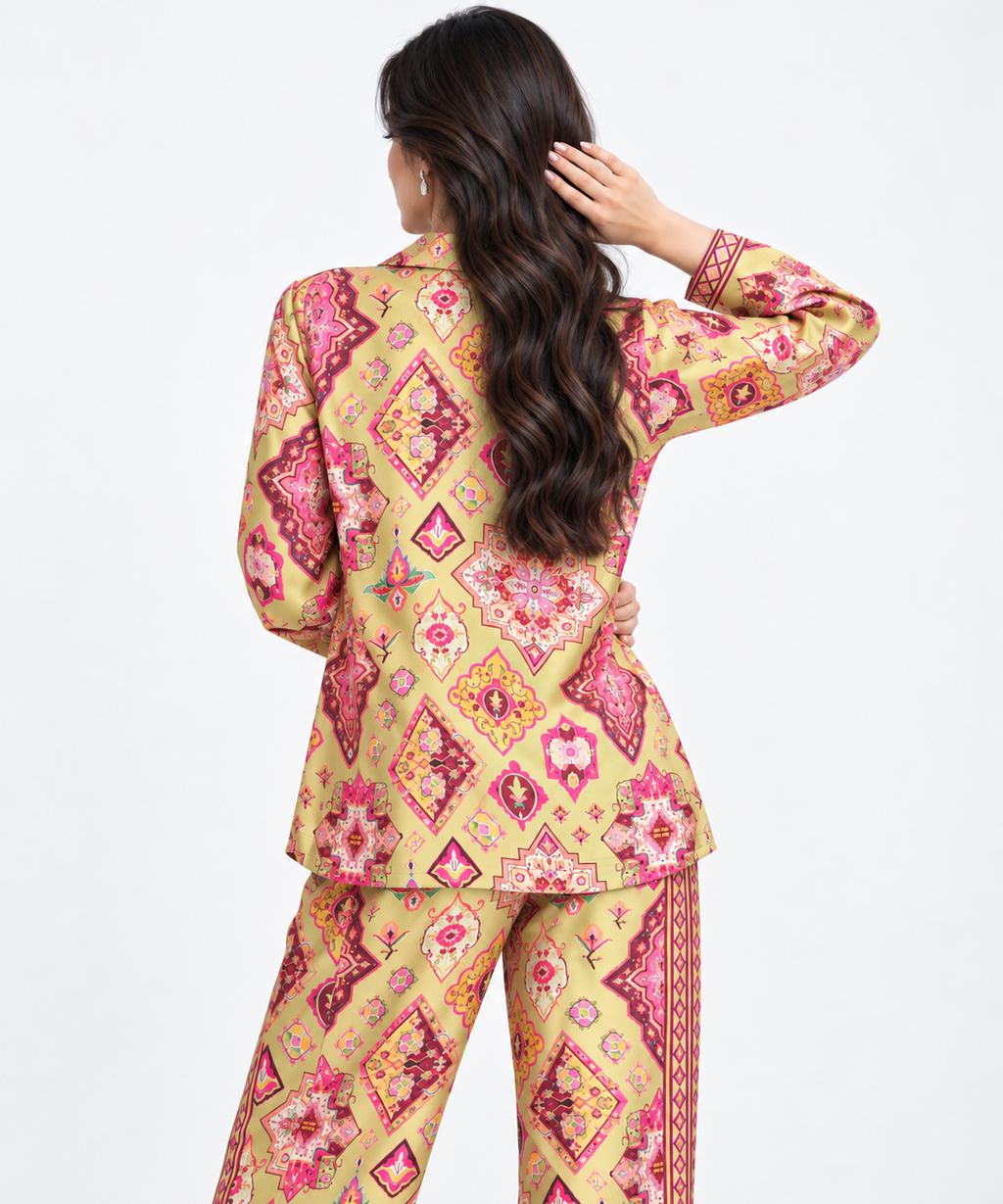 Women's Statement Geometric Print Pyjama-Style Set – Green & Multicolour