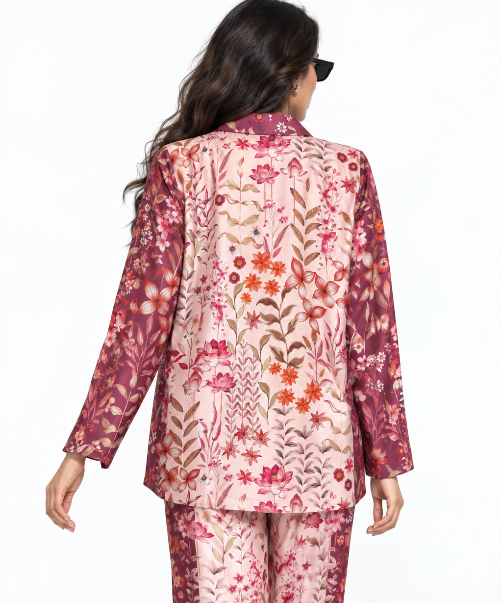 Women's Statement Floral Print Pyjama-Style Set – Maroon & Multicolor