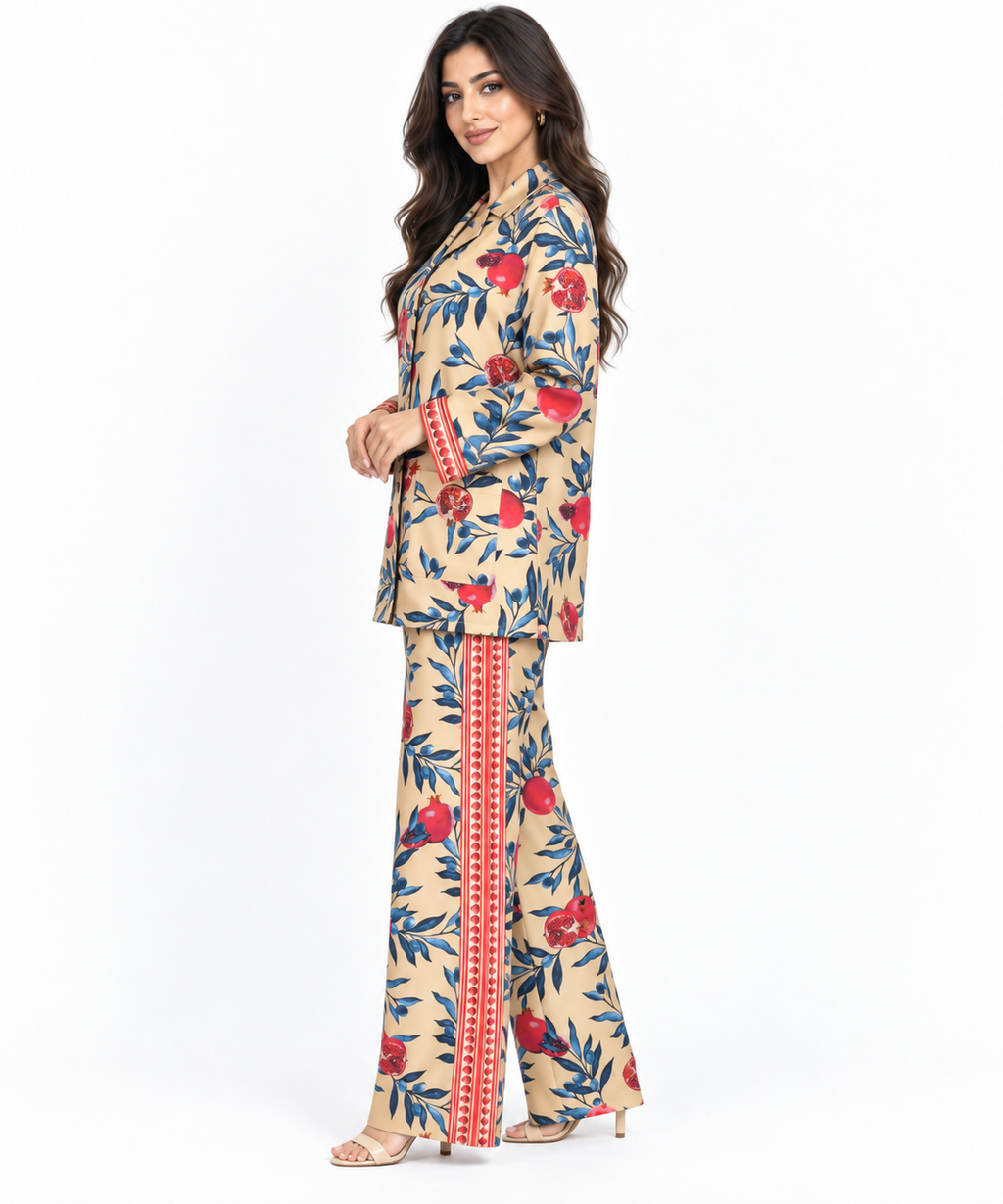 Women's Statement Printed Pyjama-Style Set – Cream & Blue