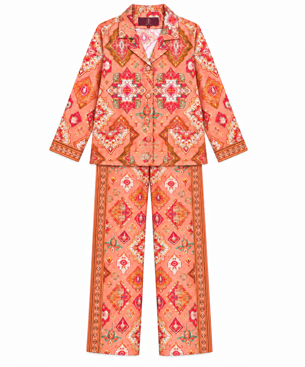 Women's Statement Geometric Print Pyjama-Style Set – Orange & Red