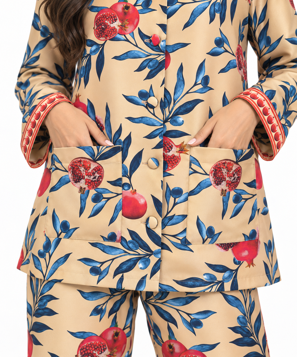 Women's Statement Printed Pyjama-Style Set – Cream & Blue