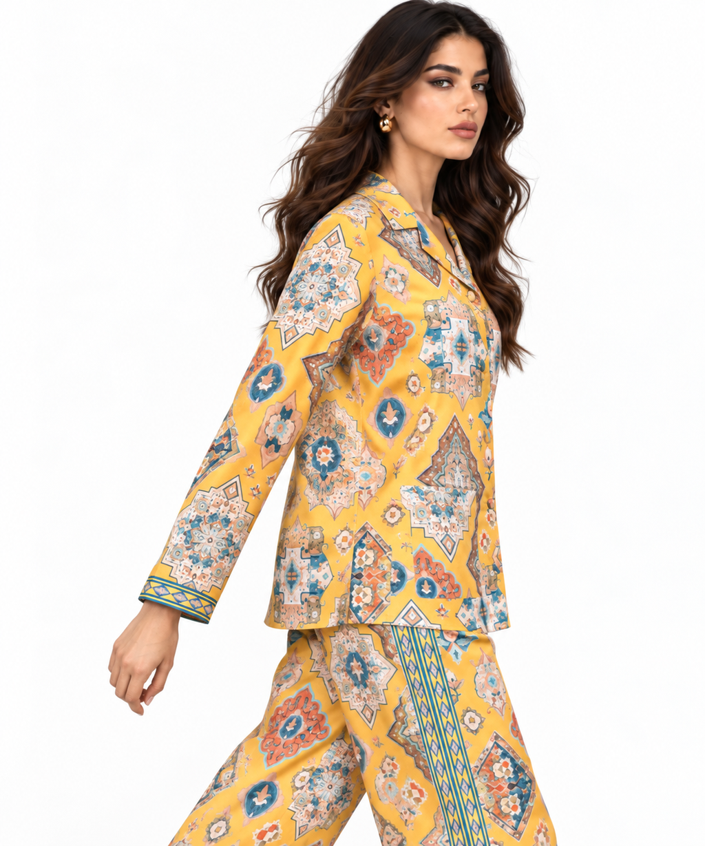 Women's Statement Geometric Print Pyjama-Style Set – Yellow & Multicolor