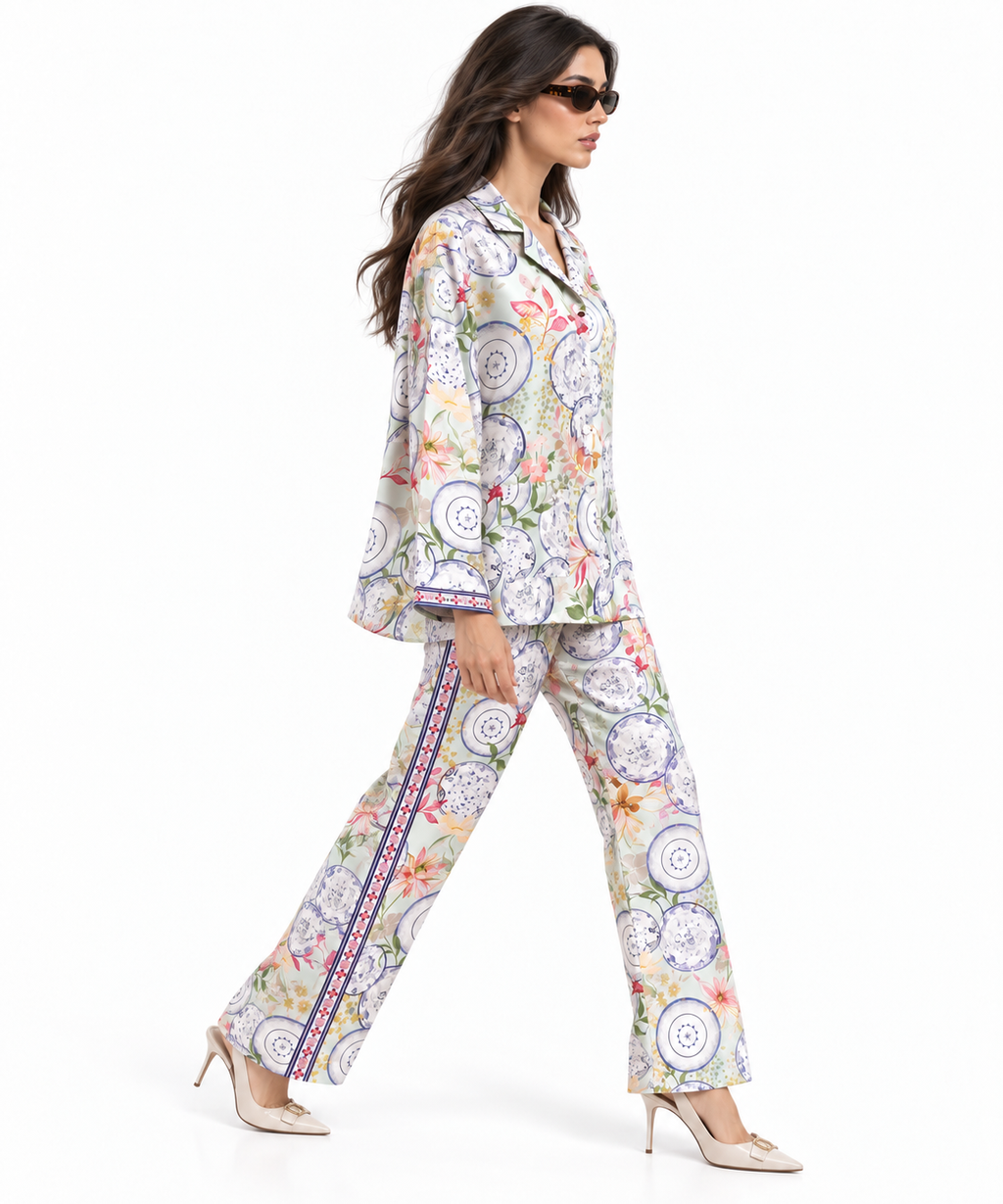 Women's Statement Printed Pyjama-Style Set – Light Green & Voilet