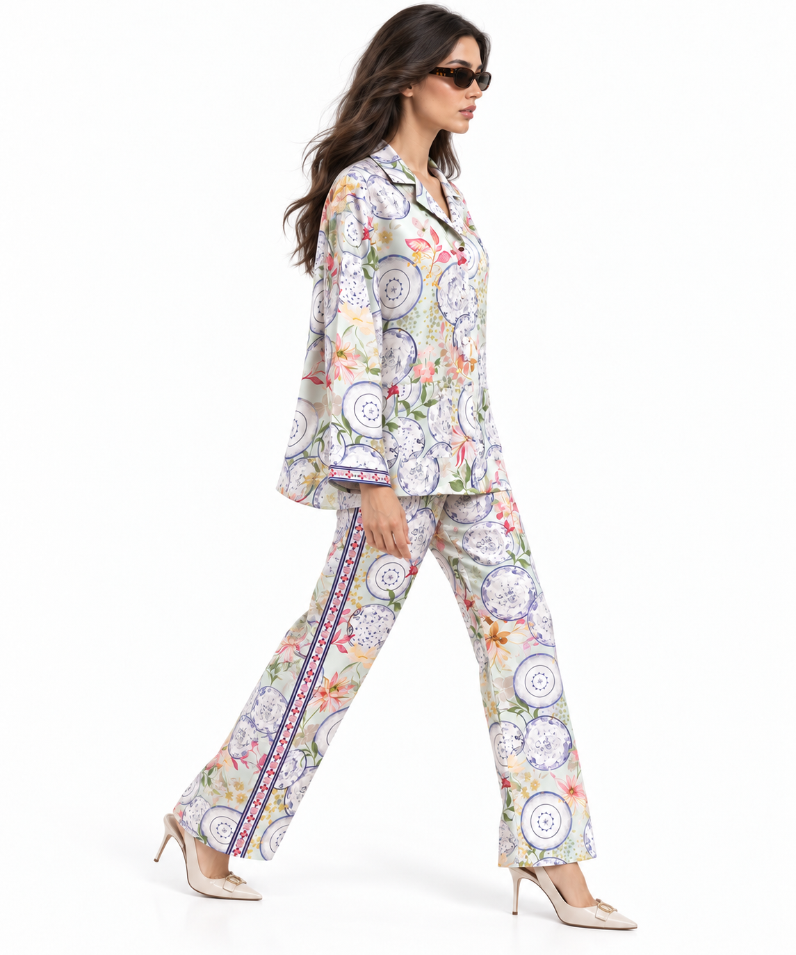 Women's Statement Printed Pyjama-Style Set – Light Green & Voilet