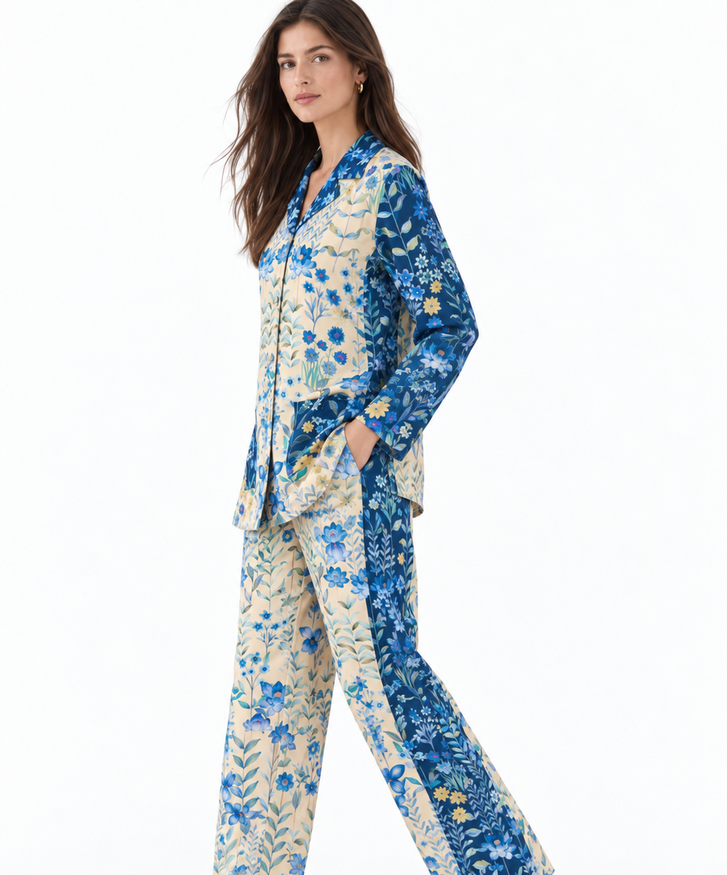 Women's Statement Floral Print Pyjama-Style Set – Blue & Multicolor