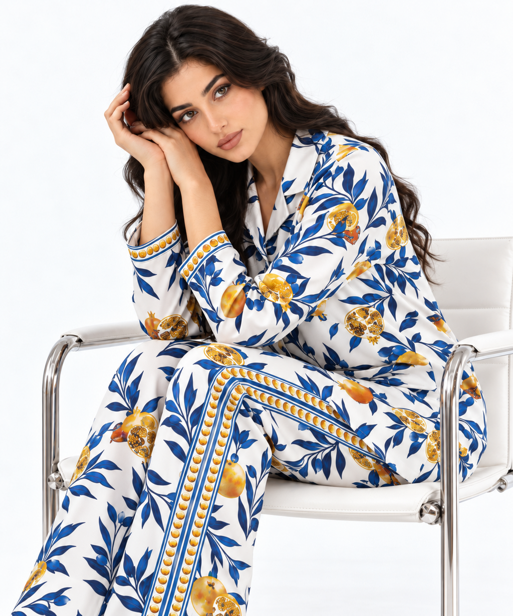 Women's Statement Printed Pyjama-Style Set – White & Blue