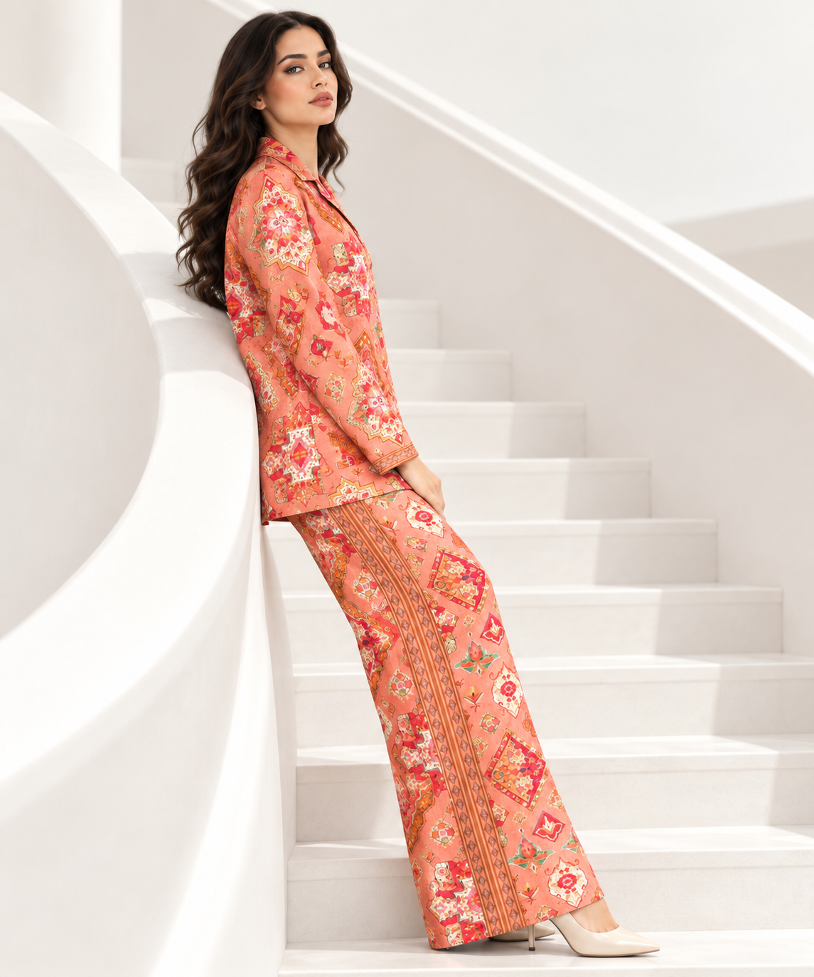 Women's Statement Geometric Print Pyjama-Style Set – Orange & Red