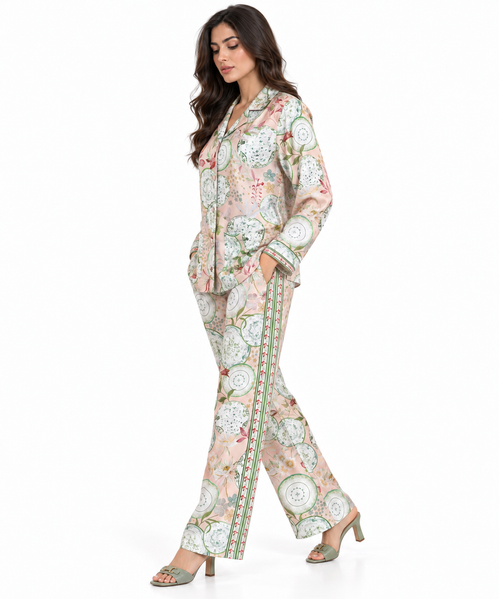 Women's Statement Floral Print Pyjama-Style Set – Light Pink & Green