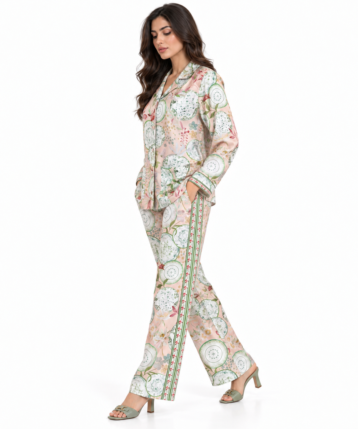 Women's Statement Floral Print Pyjama-Style Set – Light Pink & Green
