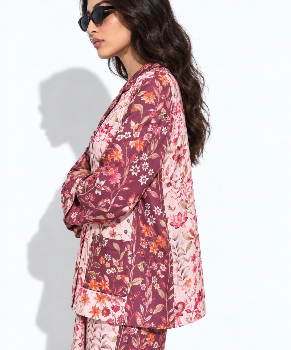 Women's Statement Floral Print Pyjama-Style Set – Maroon & Multicolor