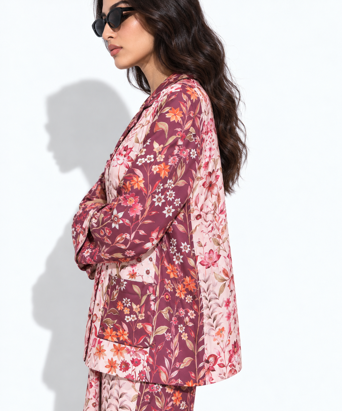 Women's Statement Floral Print Pyjama-Style Set – Maroon & Multicolor