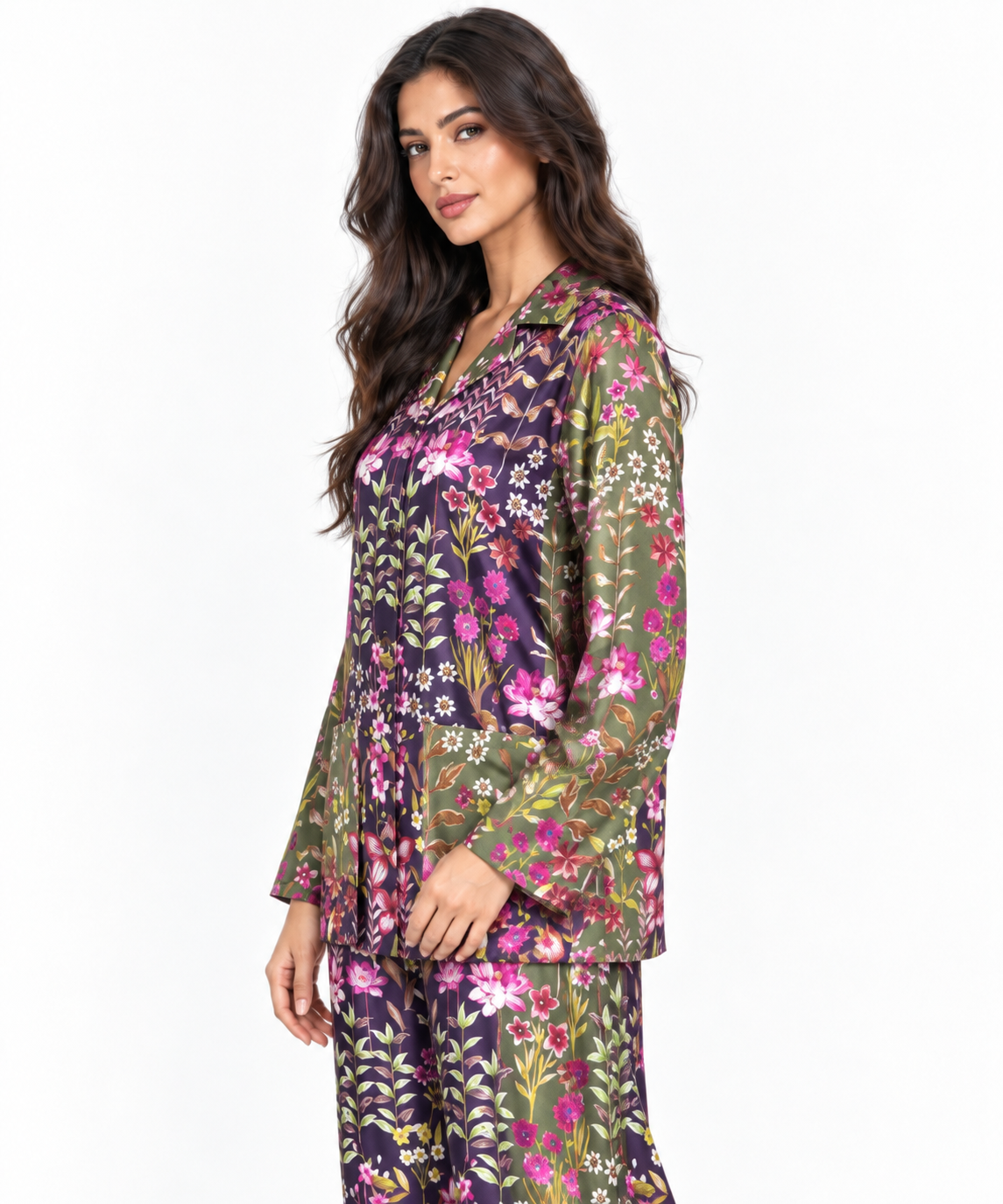 Women's Statement Floral Print Pyjama-Style Set – Navy & Olive Green