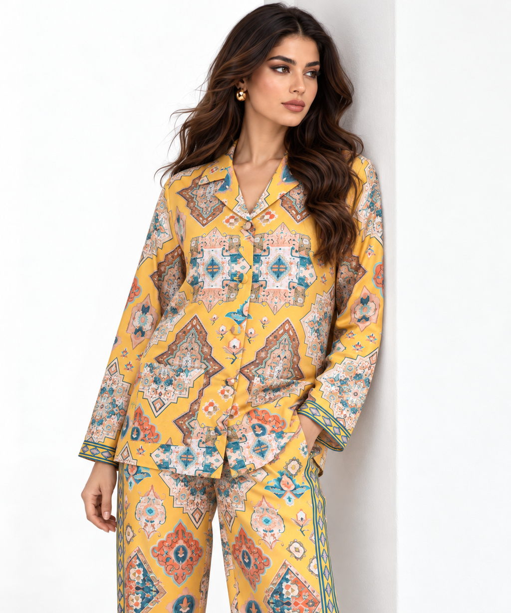 Women's Statement Geometric Print Pyjama-Style Set – Yellow & Multicolor