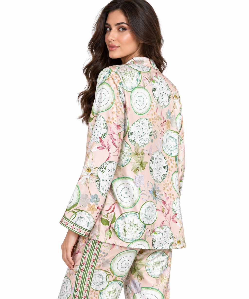 Women's Statement Floral Print Pyjama-Style Set – Light Pink & Green