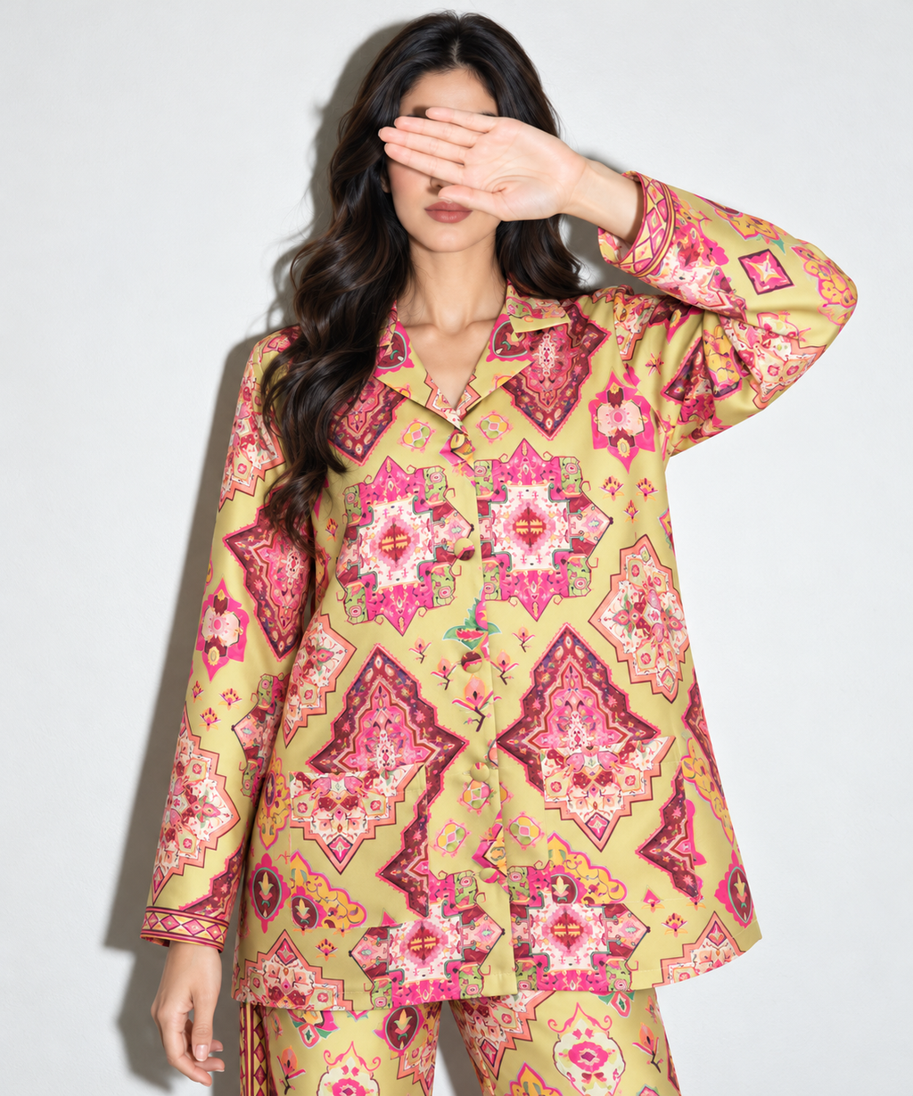 Women's Statement Geometric Print Pyjama-Style Set – Green & Multicolour