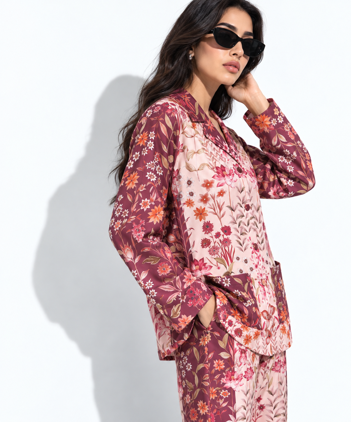 Women's Statement Floral Print Pyjama-Style Set – Maroon & Multicolor