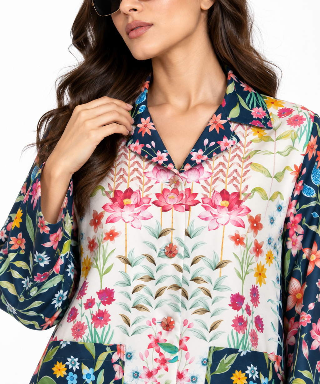Women's Statement Floral Print Pyjama-Style Set – Navy & Multicolor