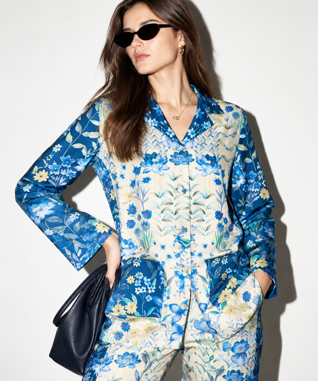 Women's Statement Floral Print Pyjama-Style Set – Blue & Multicolor