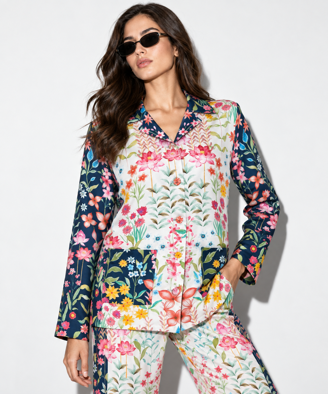 Women's Statement Floral Print Pyjama-Style Set – Navy & Multicolor